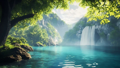 Lush waterfall cove with clear turquoise forest pool.