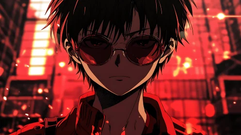 Red-lit anime youth with glasses in urban night setting.