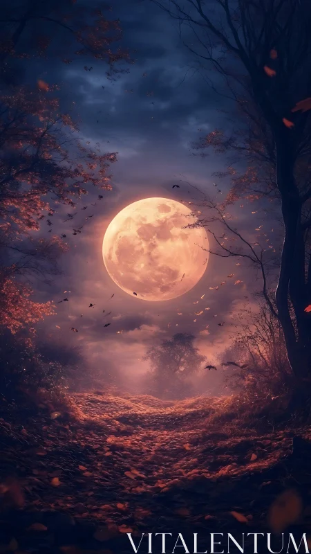 Blood moon rises over autumn forest path at twilight.