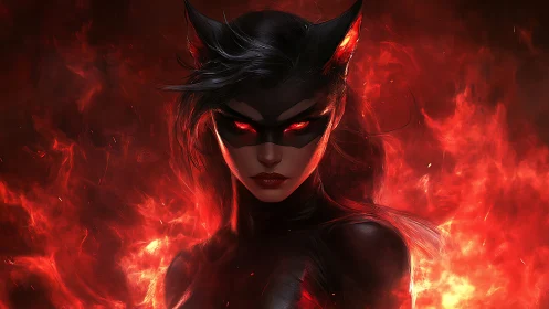 Masked feline-inspired figure in red flame environment.