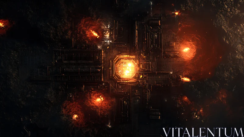 Top-down view of industrial complex with central reactor core.