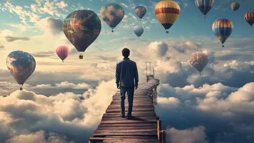 Surreal digital painting of man on sky bridge with balloons.