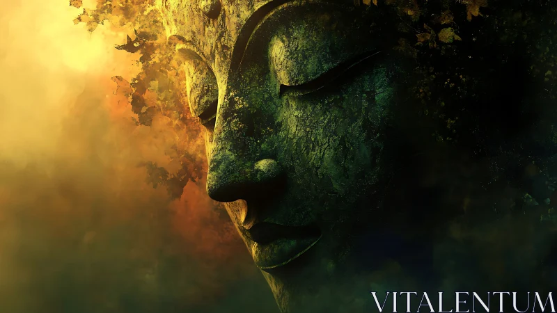 Buddha stone visage emerging through golden ethereal mist.