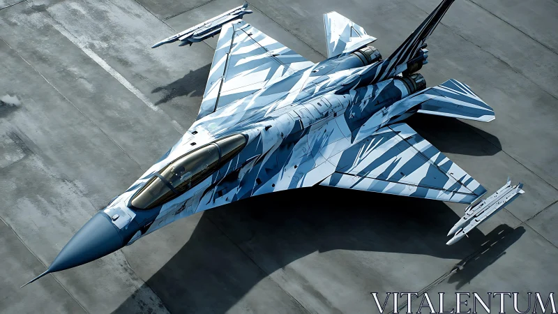 Sleek camouflaged fighter jet rests ready on the runway