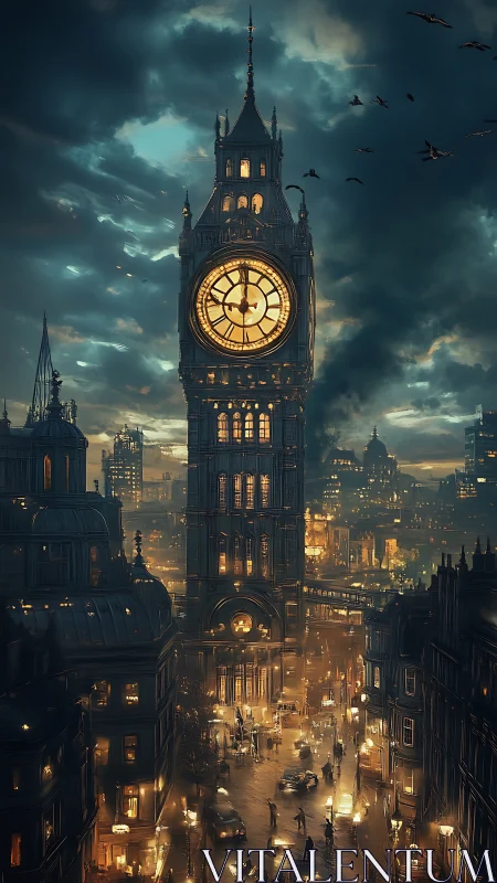 Neo-gothic clocktower cityscape in dramatic digital painting.