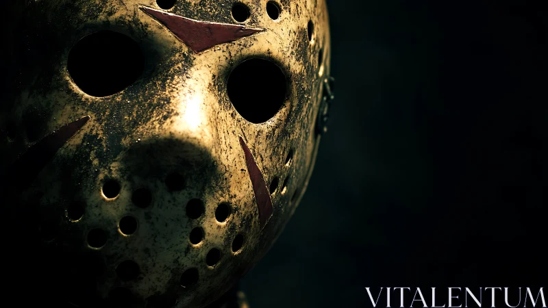 Weathered hockey mask looms from shadowy darkness.