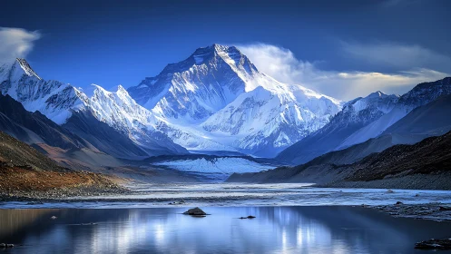 Blue hour giant guarding a frozen mirror valley of ice.