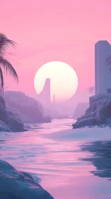 Neon sun descends over surreal pink river canyon dream