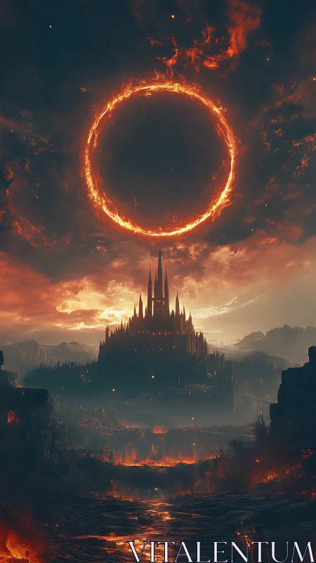 Fiery circular phenomenon above distant spired fortress landscape.