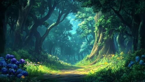 Enchanted Forest Path Through Ancient Trees.