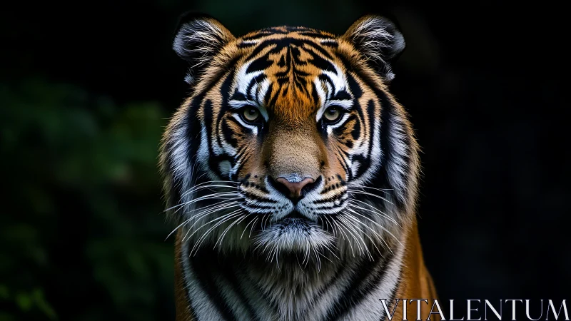 Intense tiger portrait under low key forest lighting.