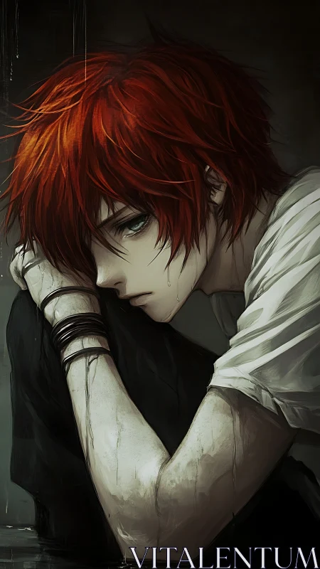 Rain-soaked redhead curls into shadowed quiet resistance.