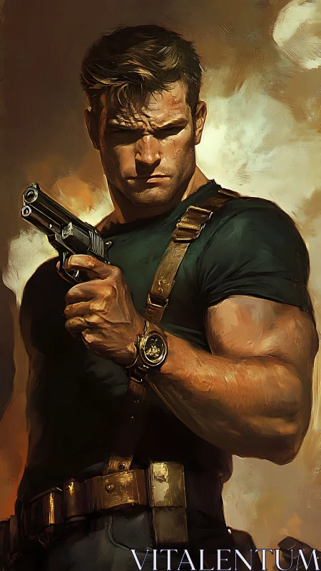 Battle-hardened soldier raises pistol under blazing clouds.