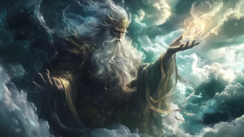 Celestial storm god conjuring radiant cosmic firestorm.