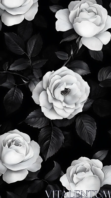 Elegant White Roses Dance in Dramatic Black and White.