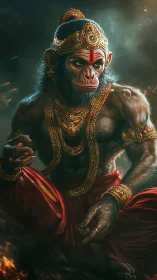 Divine monkey warrior sits in embers with regal intensity