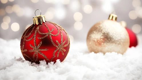 Red Christmas bauble glows over snow with bokeh lights.