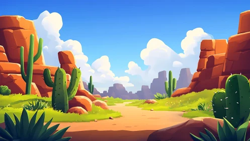 Stylized desert canyon path with cacti and sunlit red rocks