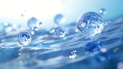 Hydrodynamic macro spheres suspended over refracted water plane.