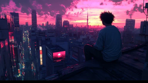 Cyberpunk rooftop vista with magenta neon skyline at dusk.