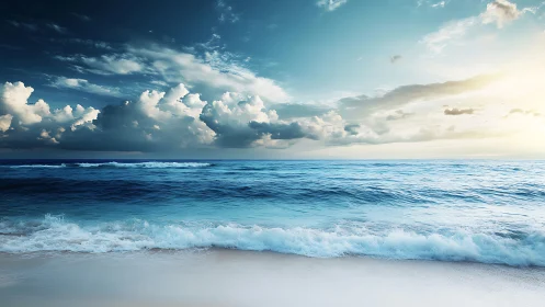 Ocean daydream hush where teal waves kiss bright sky.