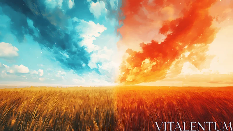 Sky split in fire and frost above a dreaming wheat sea.