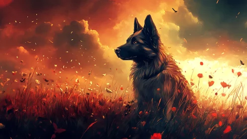 Shepherd dog in poppy field under luminous sunset sky