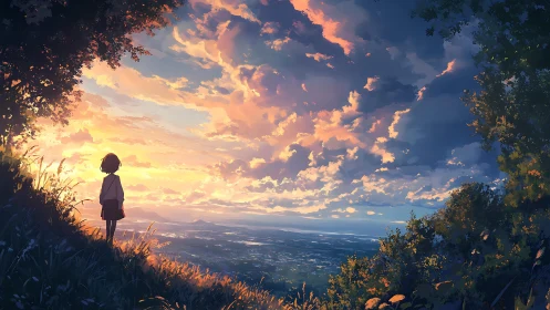 Twilight hillside reverie with girl gazing toward glowing horizon.