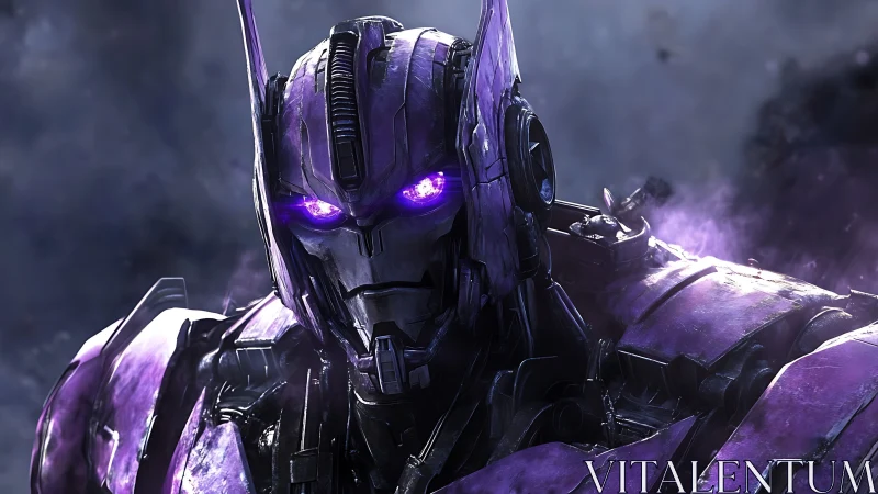 Cyberpunk mecha portrait with violet plasma optics and armor plating.