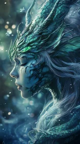 Dragon-scaled forest nymph breathes in serene blue magic.
