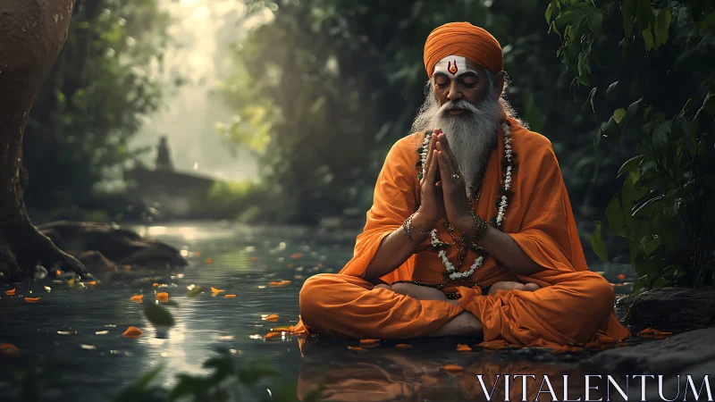 Elderly sage meditates peacefully beside a forest stream.