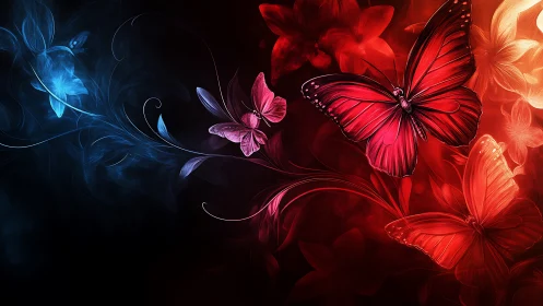 Digital painting of red butterflies on a blue to red bloom field.