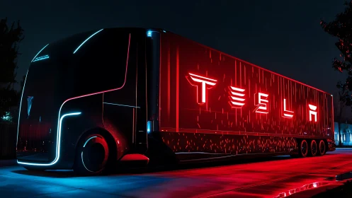 Futuristic Tesla semi truck with glowing red trailer at night.