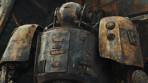 Rusted war mech waits alone in a forgotten scrapyard hush.