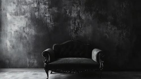 Velvet black sofa anchors a dramatic minimalist interior scene.