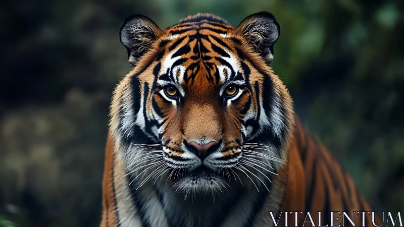 Close tiger portrait with sharp gaze in dense forest setting.
