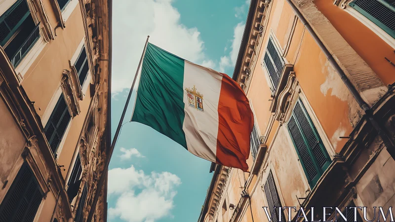 Italian tricolor flag between historic ocher buildings.