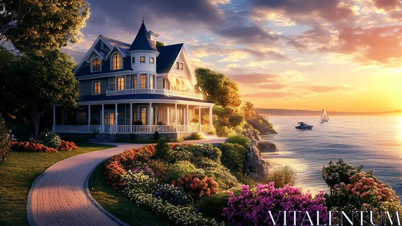 Victorian coastal house with gardens at calm sunset view.