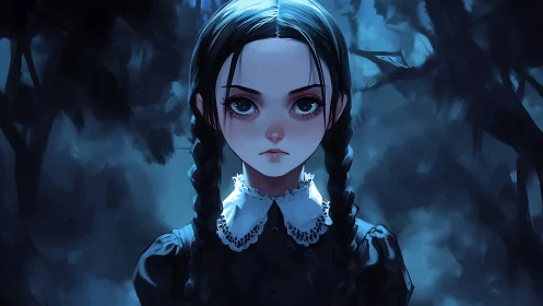 Gothic anime girl with braids in moody blue forest night.