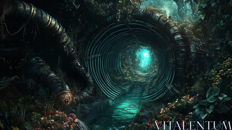 Cylindrical jungle portal with bioluminescent water tunnel
