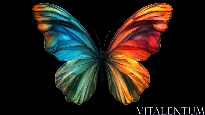 Symmetrical multicolor butterfly rendered against black background