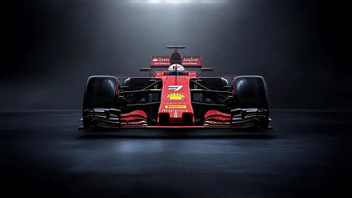 Scarlet Formula racing car under dramatic studio lighting.