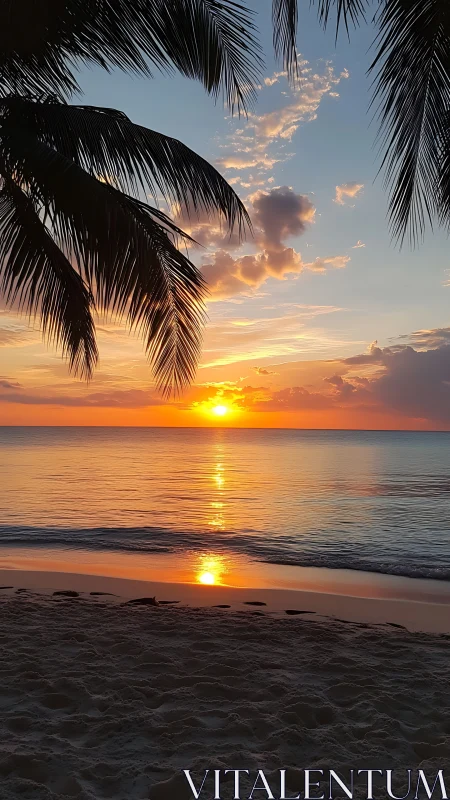 Golden tropical sunset paints calm ocean horizon with warmth