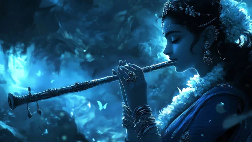Moonlit flutist coaxes blue fireflies from swirling night