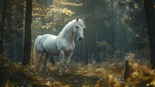 Digital painting of white horse in atmospheric forest light field.