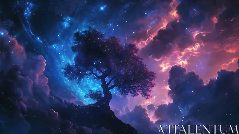 Lonely cosmic tree rises against glowing nebula sky.