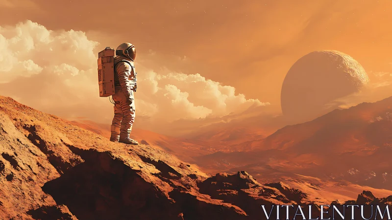 Astronaut observes distant planet on rugged orange terrain