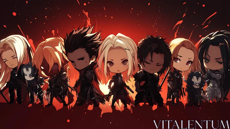 Chibi dark knights stand united under bloodred battlefield sky.