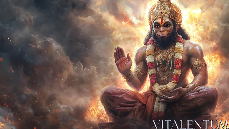Divine monkey deity sits in blazing clouds of celestial fire.