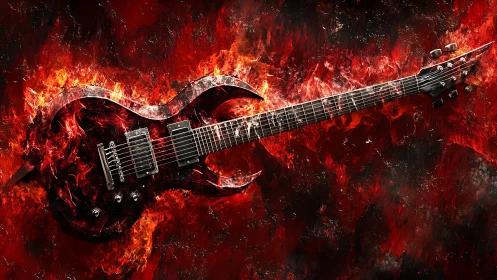 Electric guitar rendered in flames against textured red background